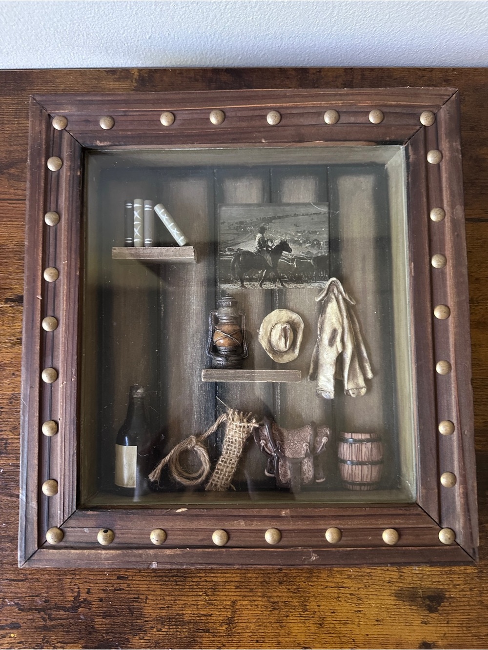 Vintage Western Cowboy Shadow Box 3D Wall Art Wooden Studded Frame Saddle Lasso - Picture 1 of 11